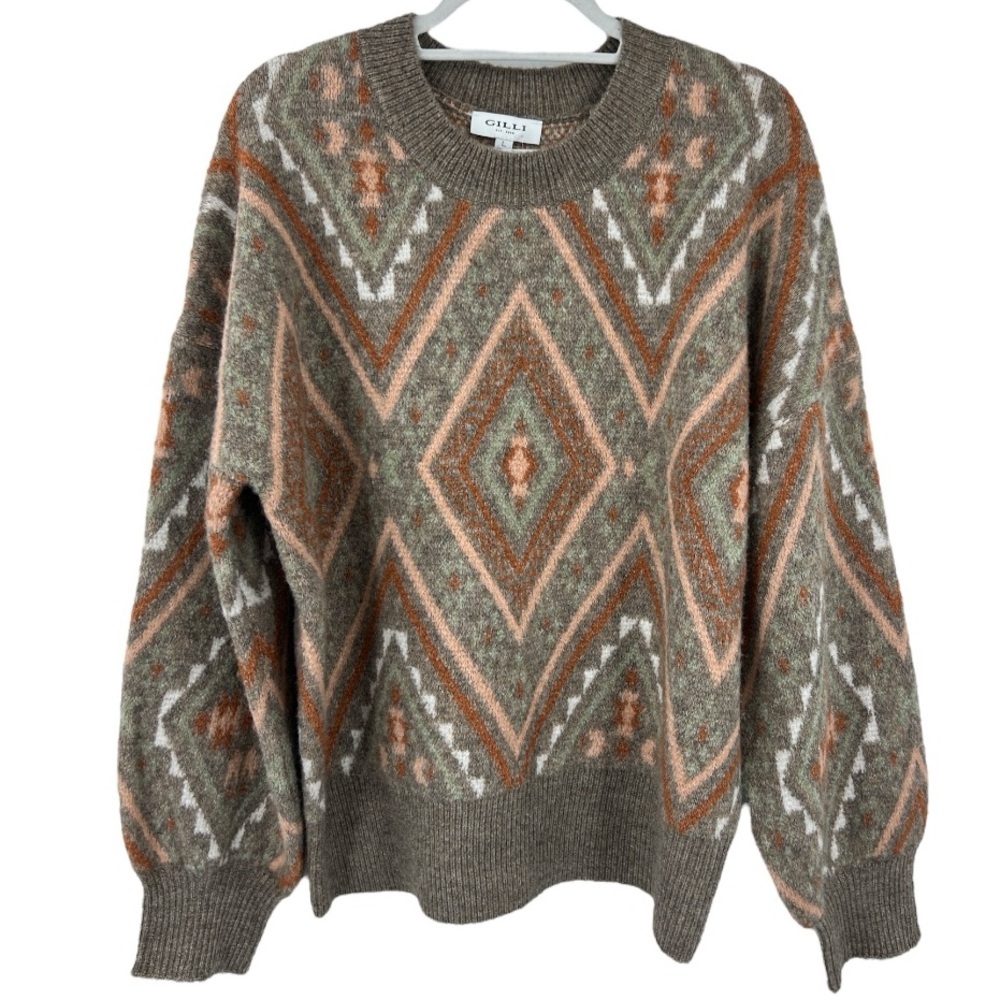 Gilli Geometric Oversized Stretch Knit Sweater - Brown and Orange SZ L